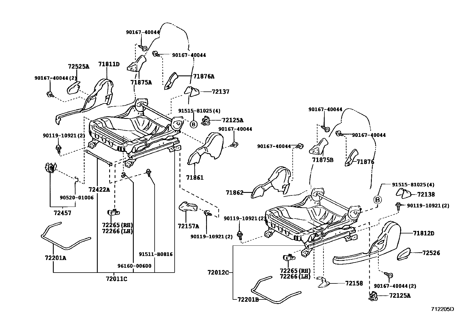 Toyota COROLLA 前排座椅和座椅滑轨 EPC diagram — 712205D