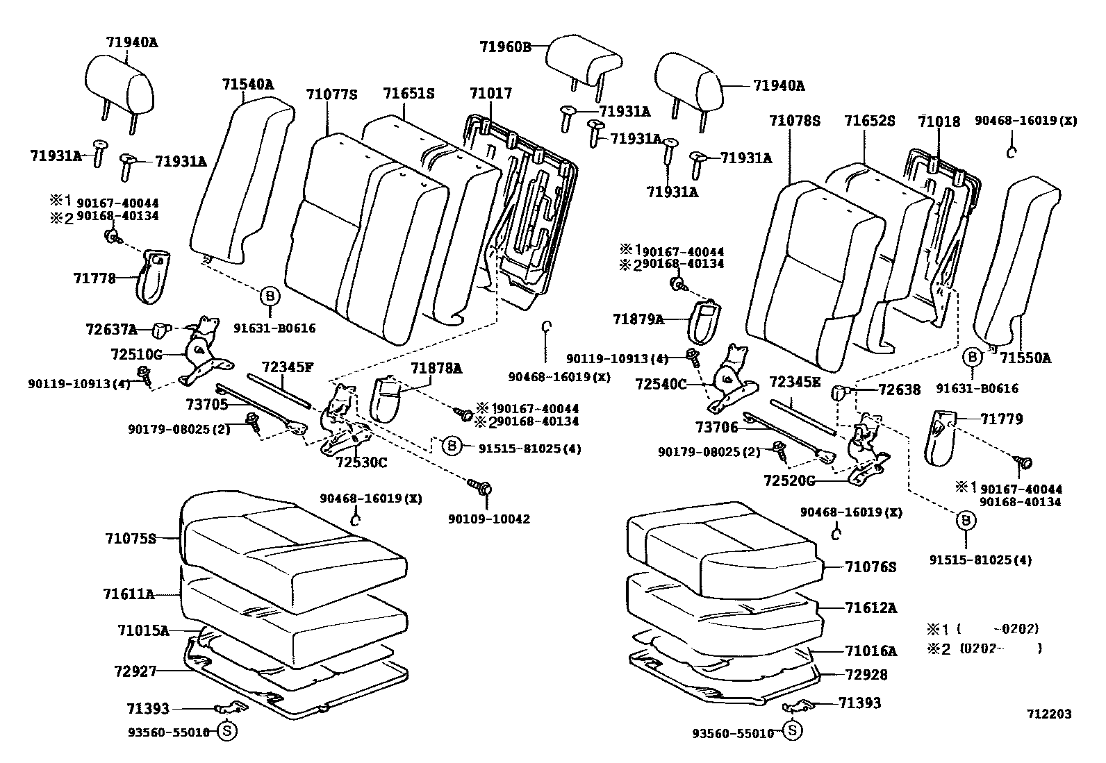 Toyota COROLLA 后排座椅和座椅滑轨 EPC diagram — 712203D