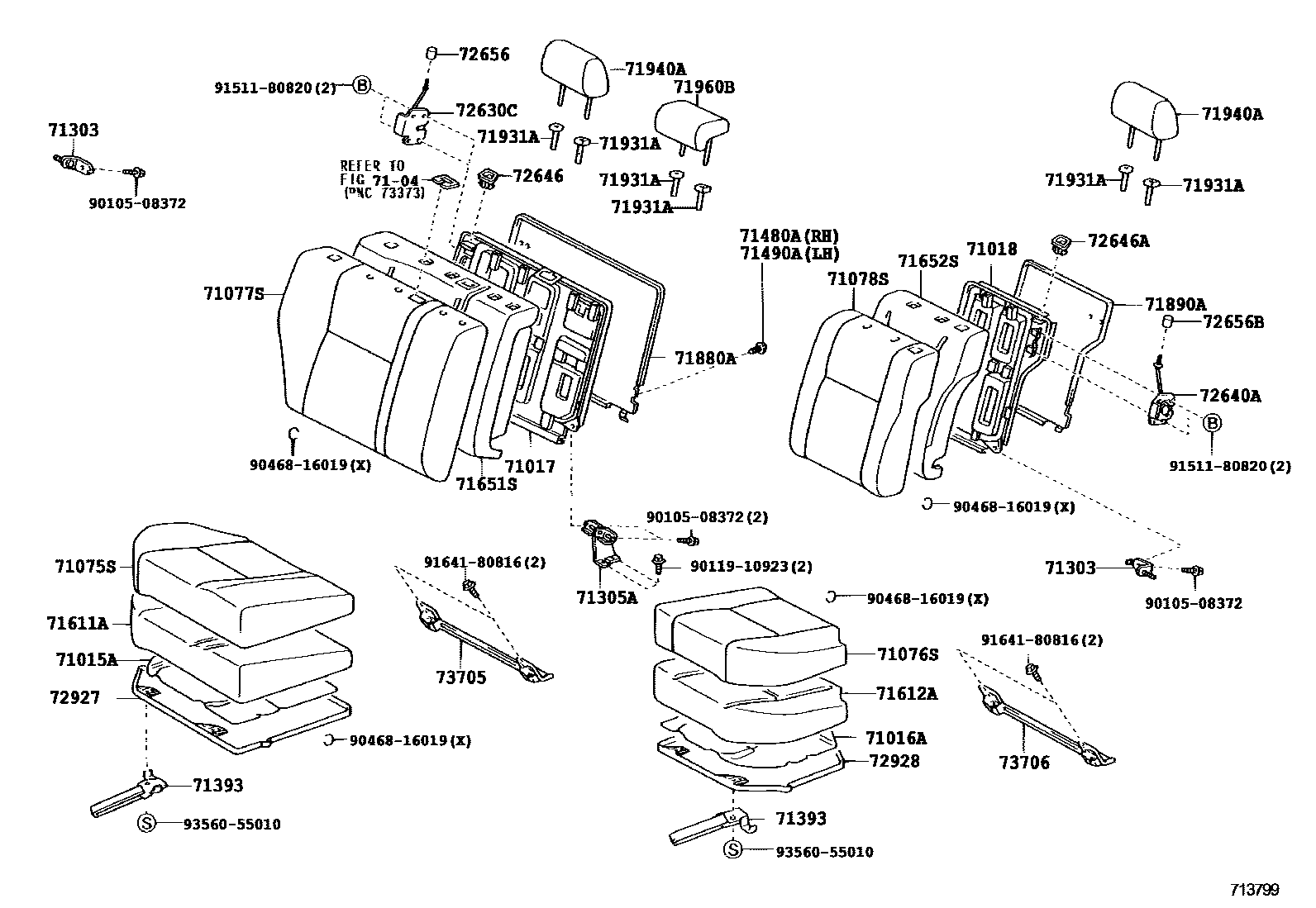 Toyota COROLLA 后排座椅和座椅滑轨 EPC diagram — 713799