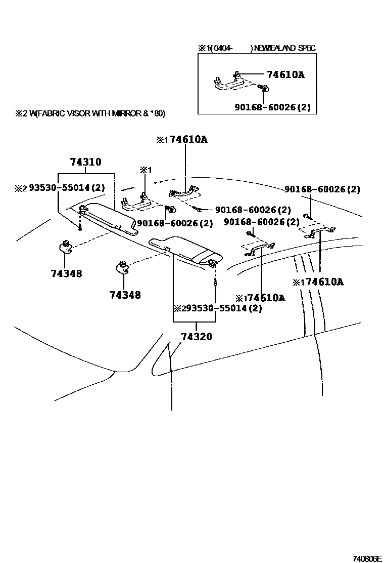 Toyota COROLLA 扶手和遮阳板 EPC diagram — 740806E