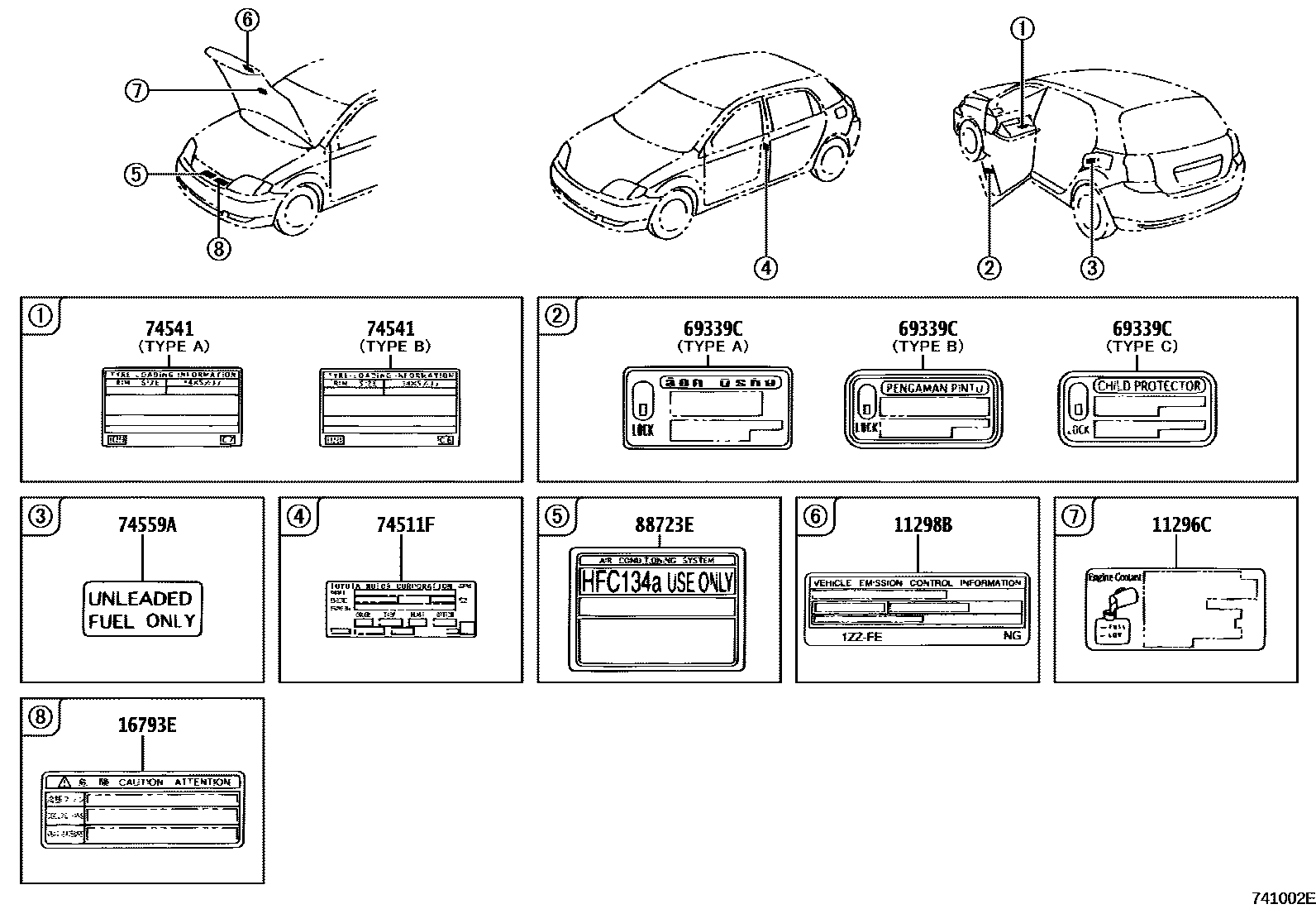 Toyota COROLLA 警示铭牌(车外和车内) EPC diagram — 741002E