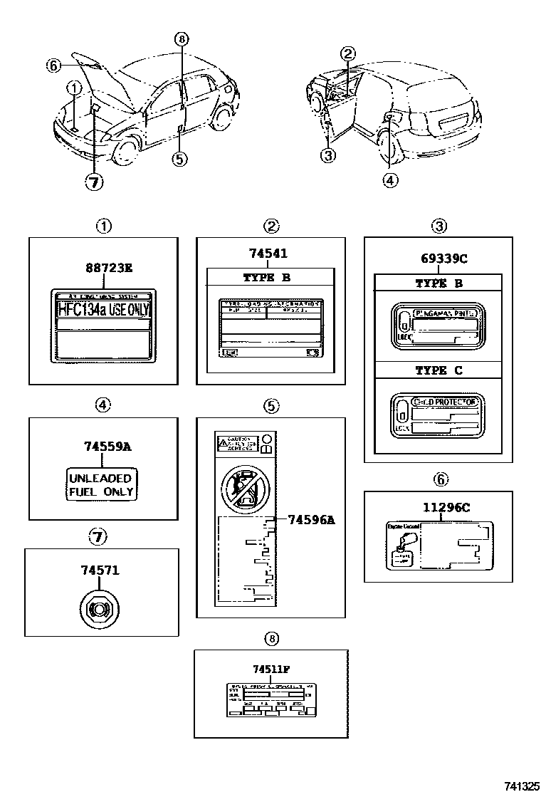 Toyota COROLLA 警示铭牌(车外和车内) EPC diagram — 741325B