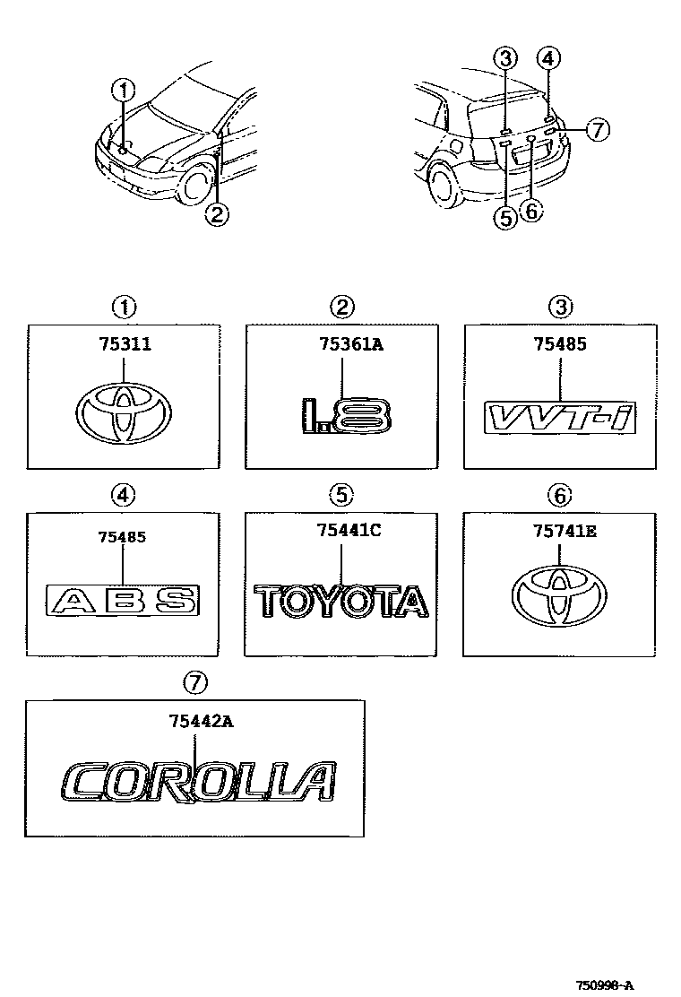 Toyota COROLLA 丰田徽标和铭牌(车外和车内) EPC diagram — 750998A