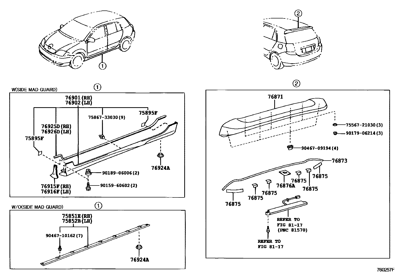 Toyota COROLLA 挡泥板和扰流板 EPC diagram — 760257F