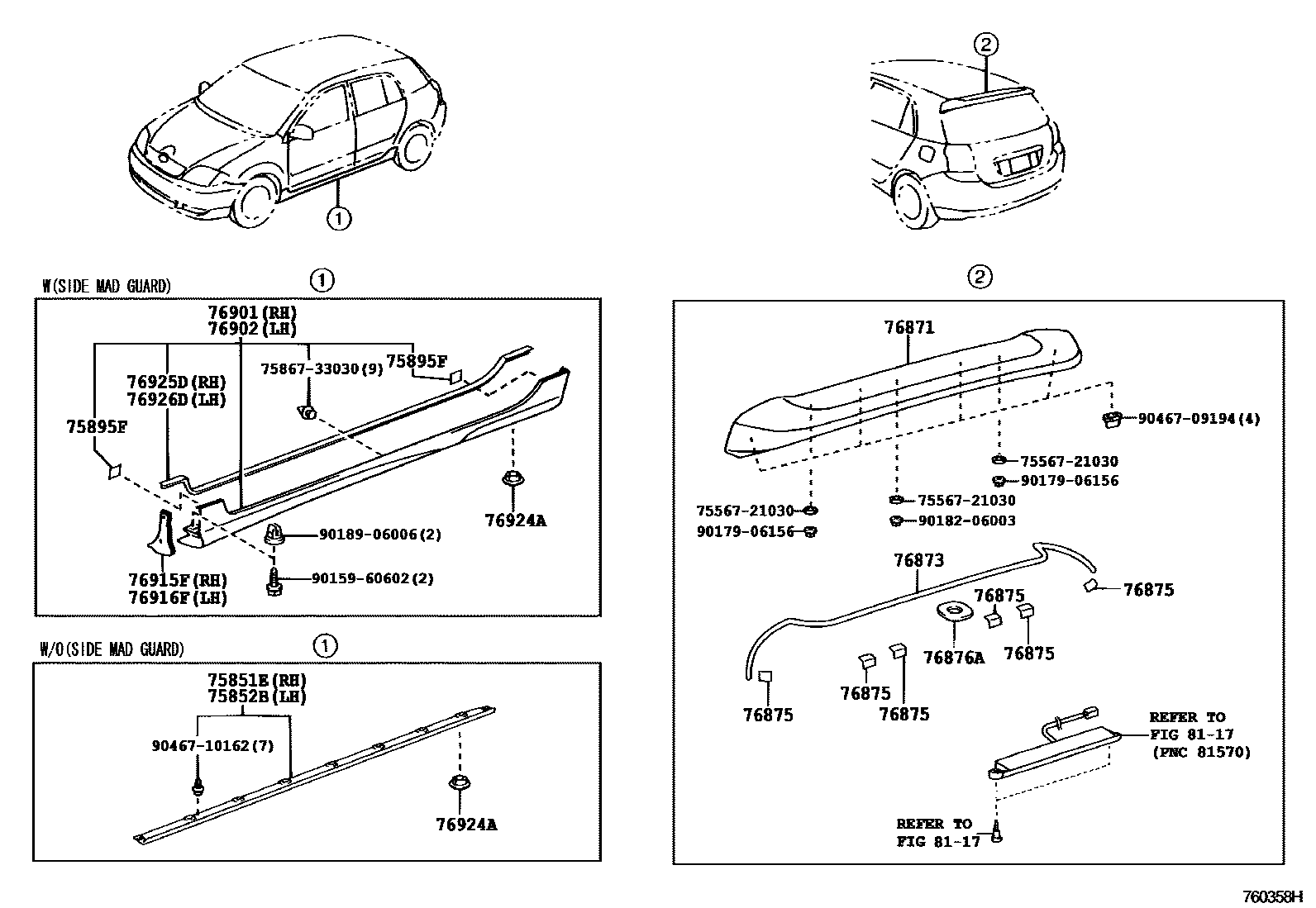Toyota COROLLA 挡泥板和扰流板 EPC diagram — 760358H