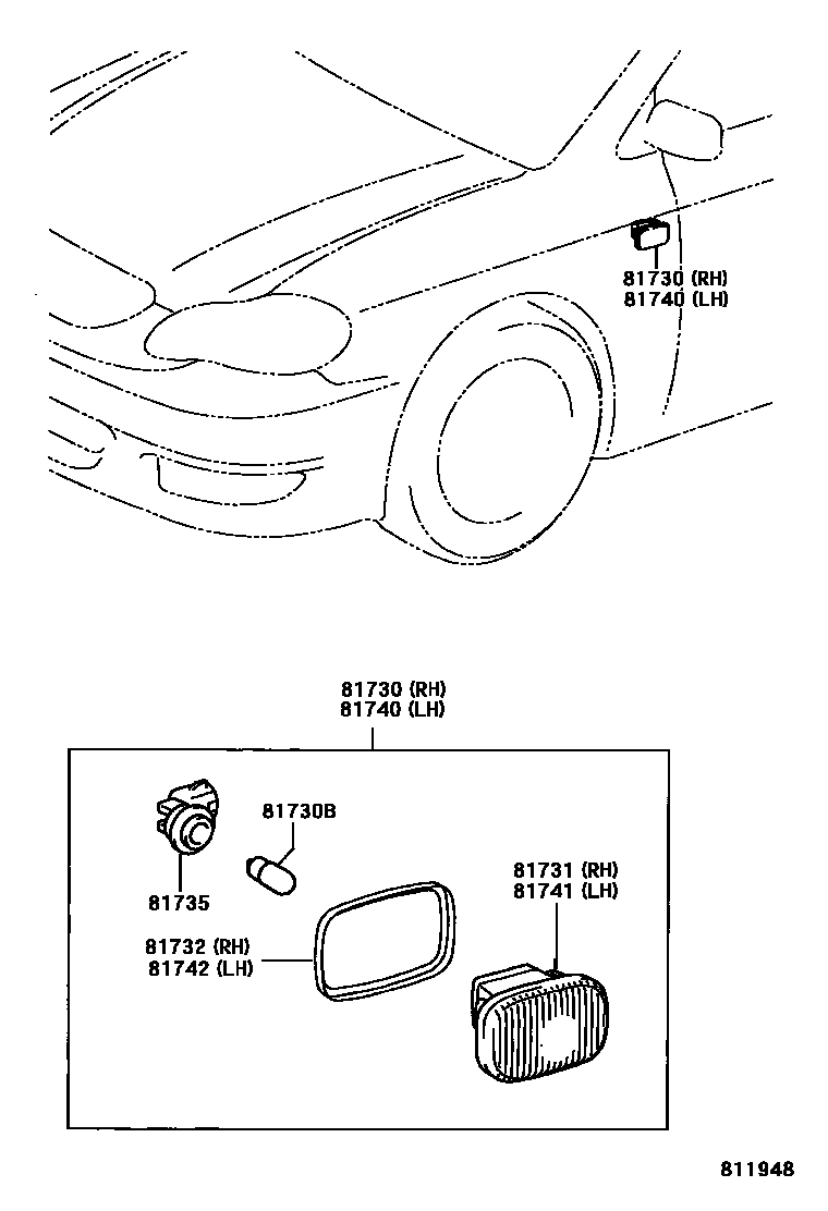 Toyota COROLLA Side Turn Signal & Outer Mirror Lamp EPC diagram — 811948