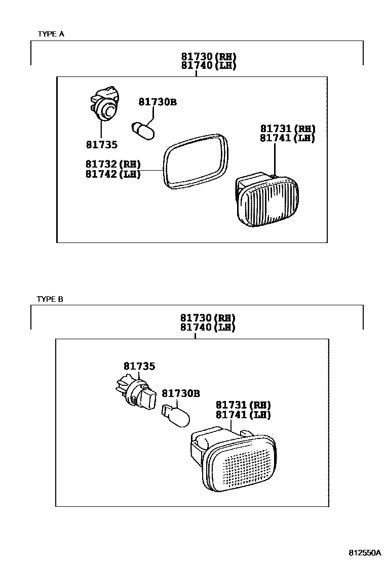 Toyota COROLLA Side Turn Signal & Outer Mirror Lamp EPC diagram — 812550A