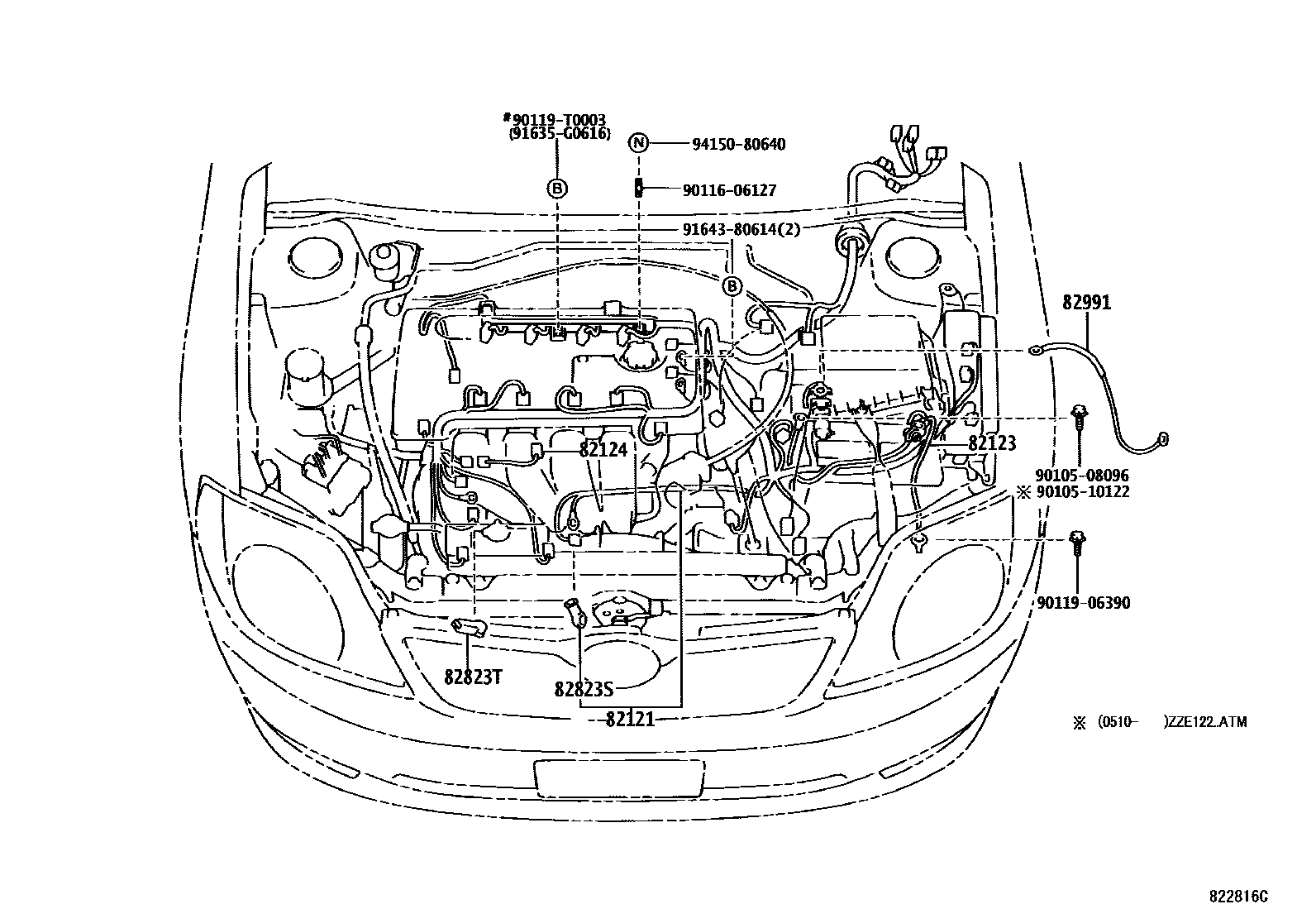 Toyota COROLLA 线束和卡夹 EPC diagram — 822816D