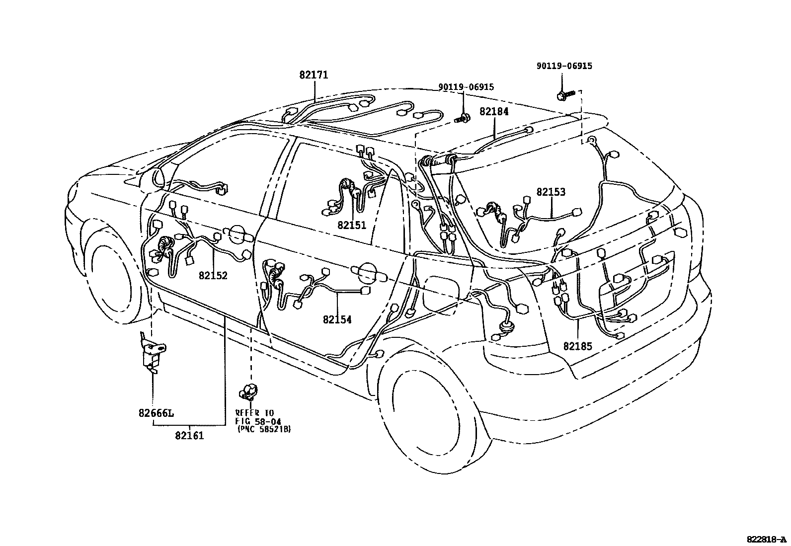 Toyota COROLLA 线束和卡夹 EPC diagram — 822818A