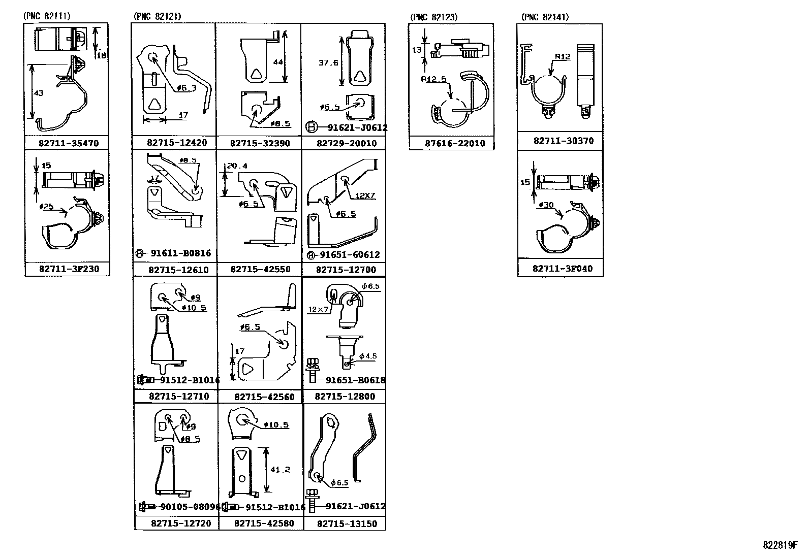 Toyota COROLLA 线束和卡夹 EPC diagram — 822819F