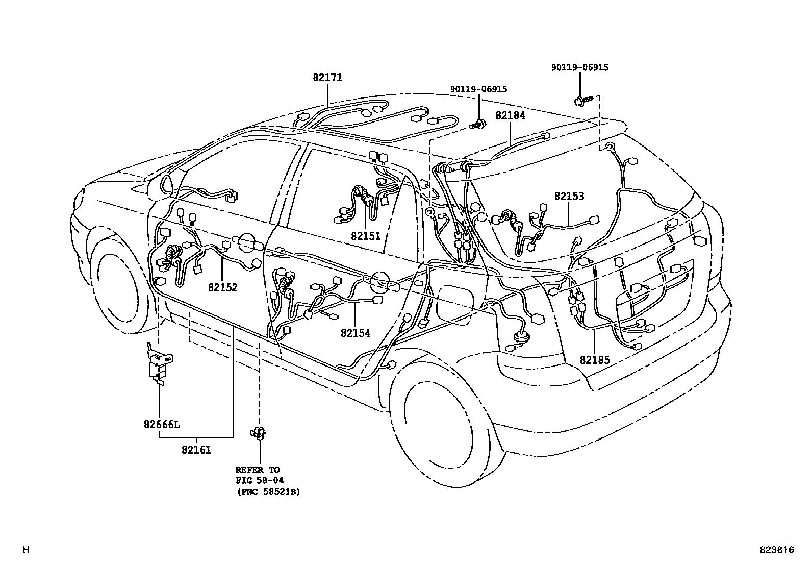 Toyota COROLLA 线束和卡夹 EPC diagram — 823816