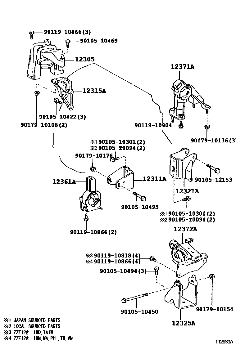 Toyota COROLLA Engine Mounting EPC diagram — 112939A
