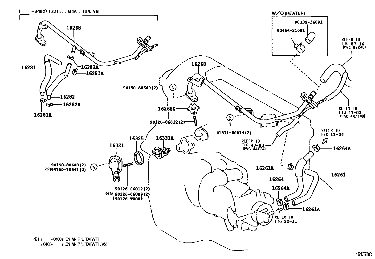 Toyota COROLLA RADIATOR & WATER OUTLET EPC diagram — 161378C