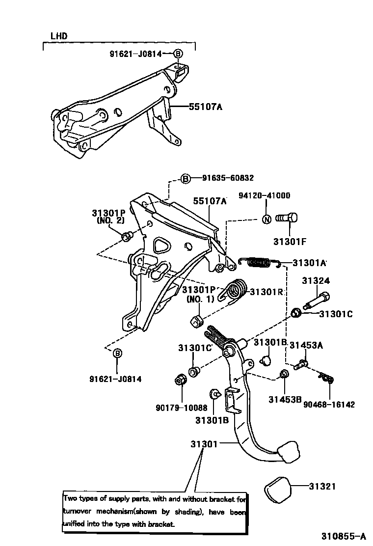 Toyota COROLLA 离合器踏板和挠性软管 EPC diagram — 310855A