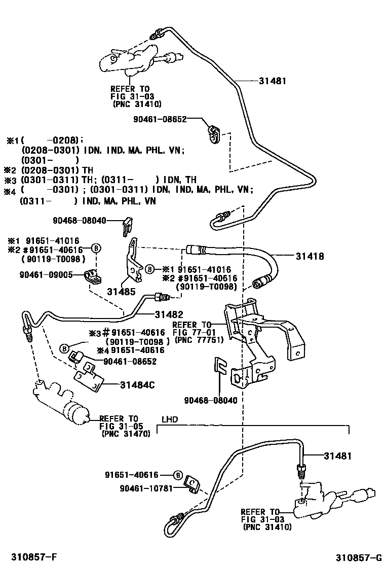 Toyota COROLLA 离合器踏板和挠性软管 EPC diagram — 310857G