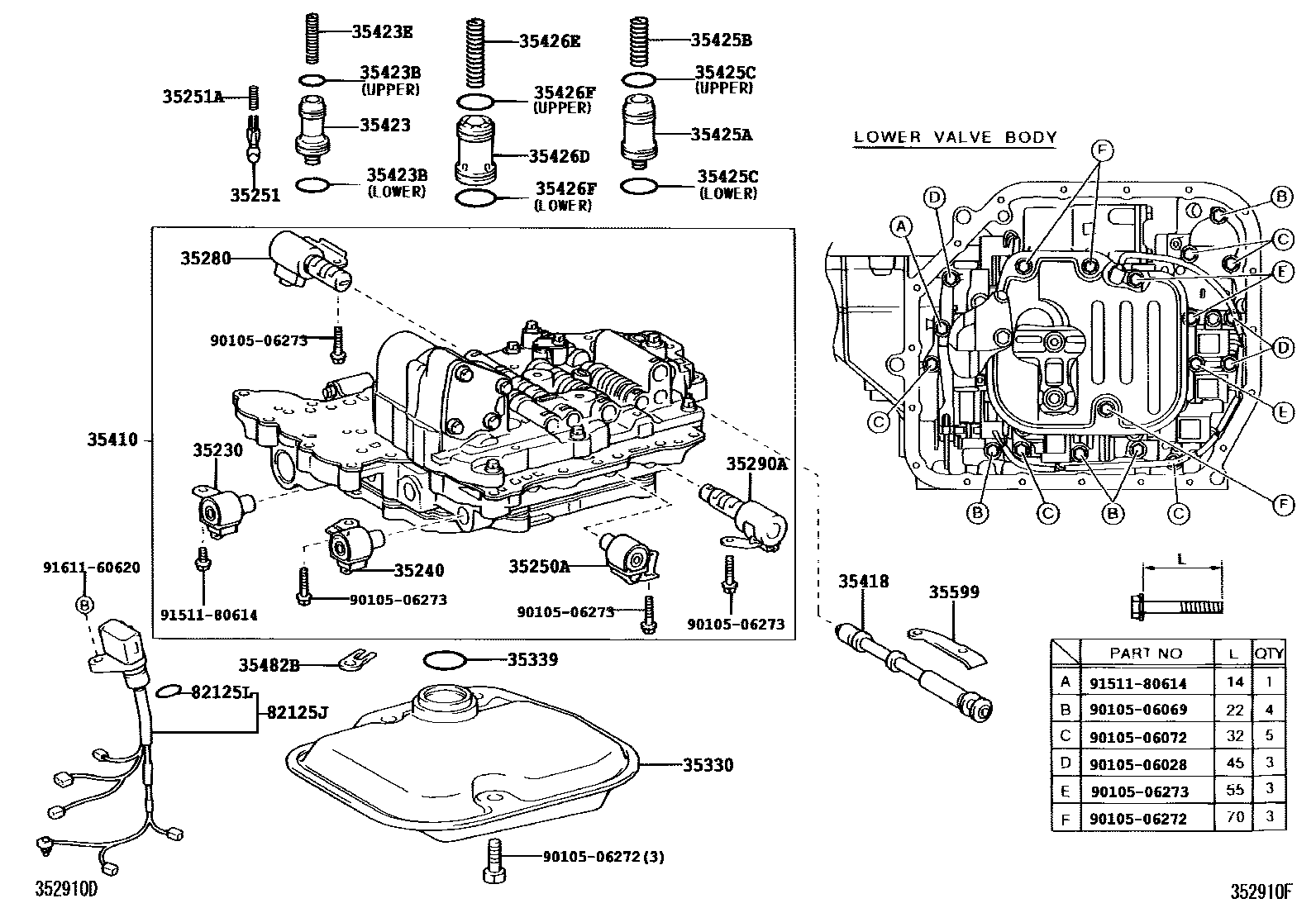 Toyota COROLLA 阀体和滤油网(ATM) EPC diagram — 352910F