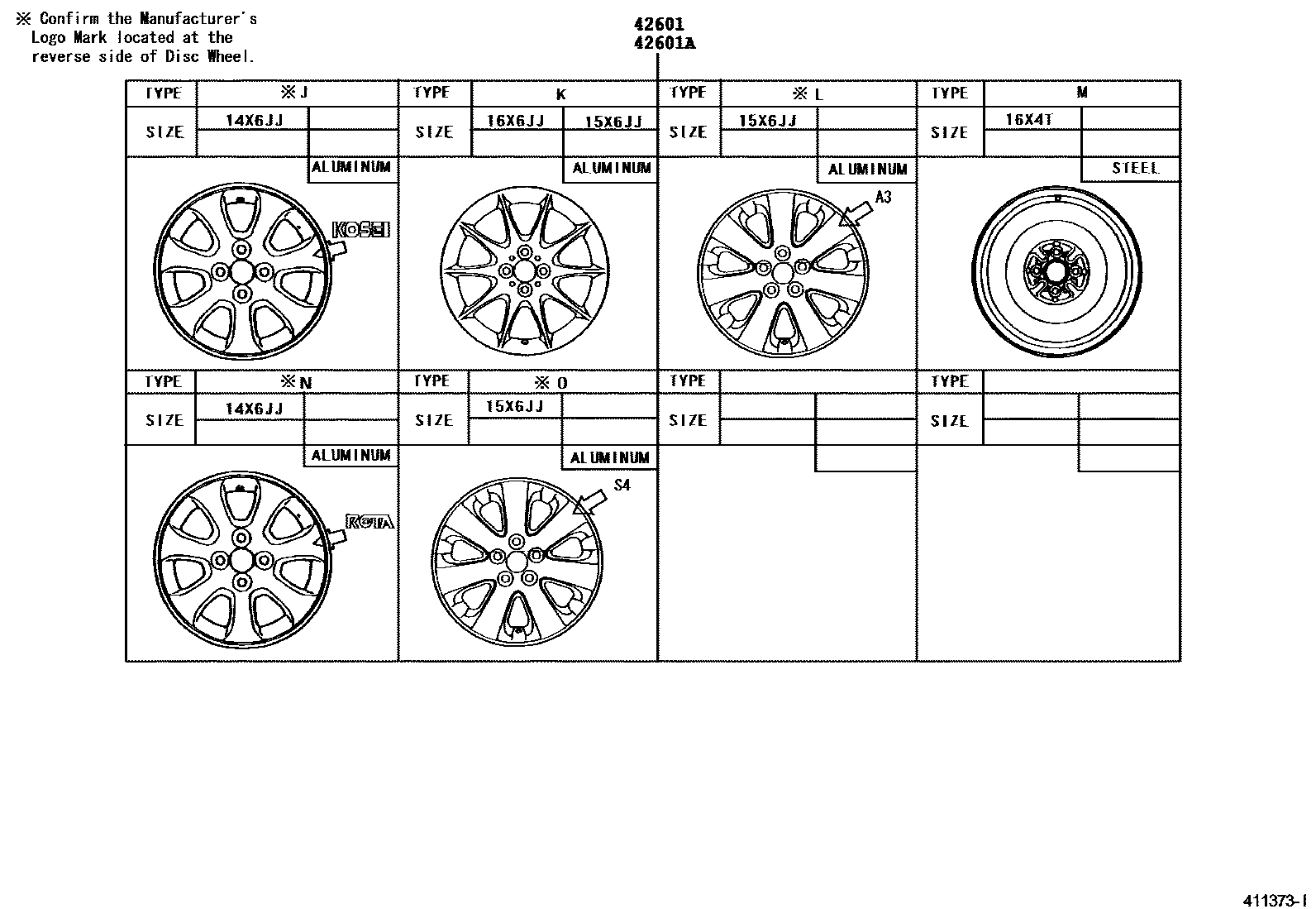 Toyota COROLLA 车轮和车轮盖 EPC diagram — 411373I