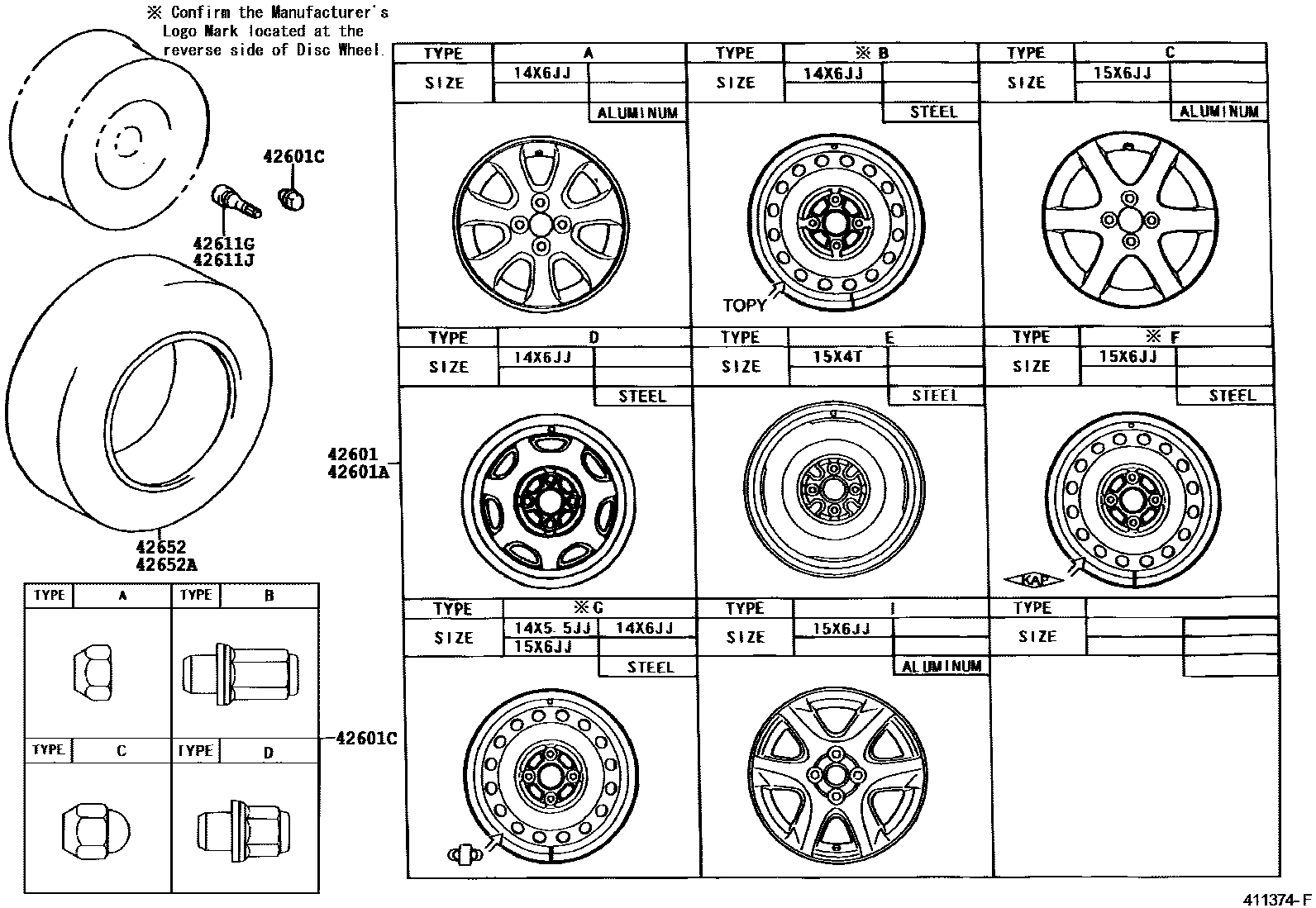 Toyota COROLLA 车轮和车轮盖 EPC diagram — 411374F