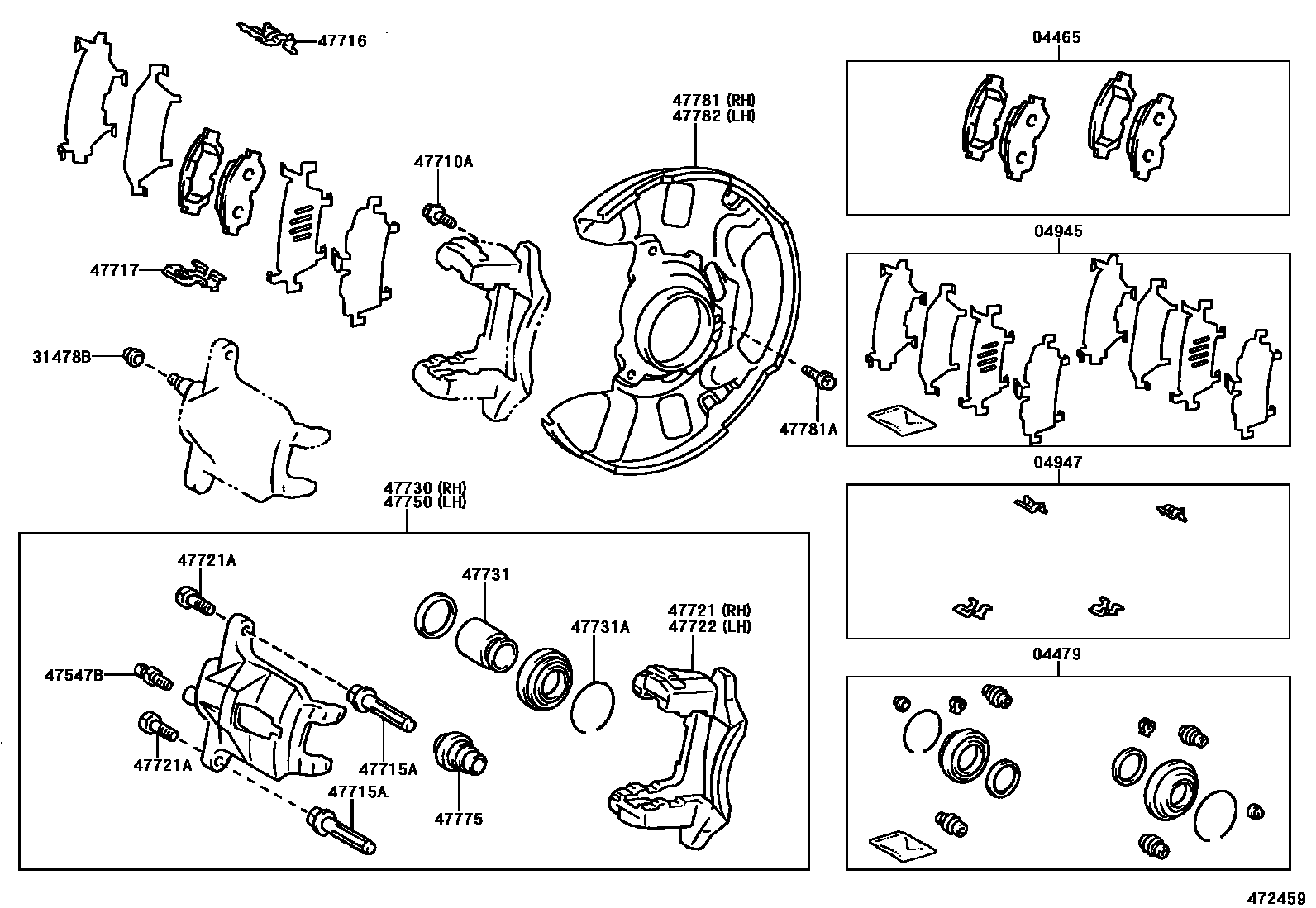 Toyota COROLLA 前盘式制动器卡钳和防尘罩 EPC diagram — 472459