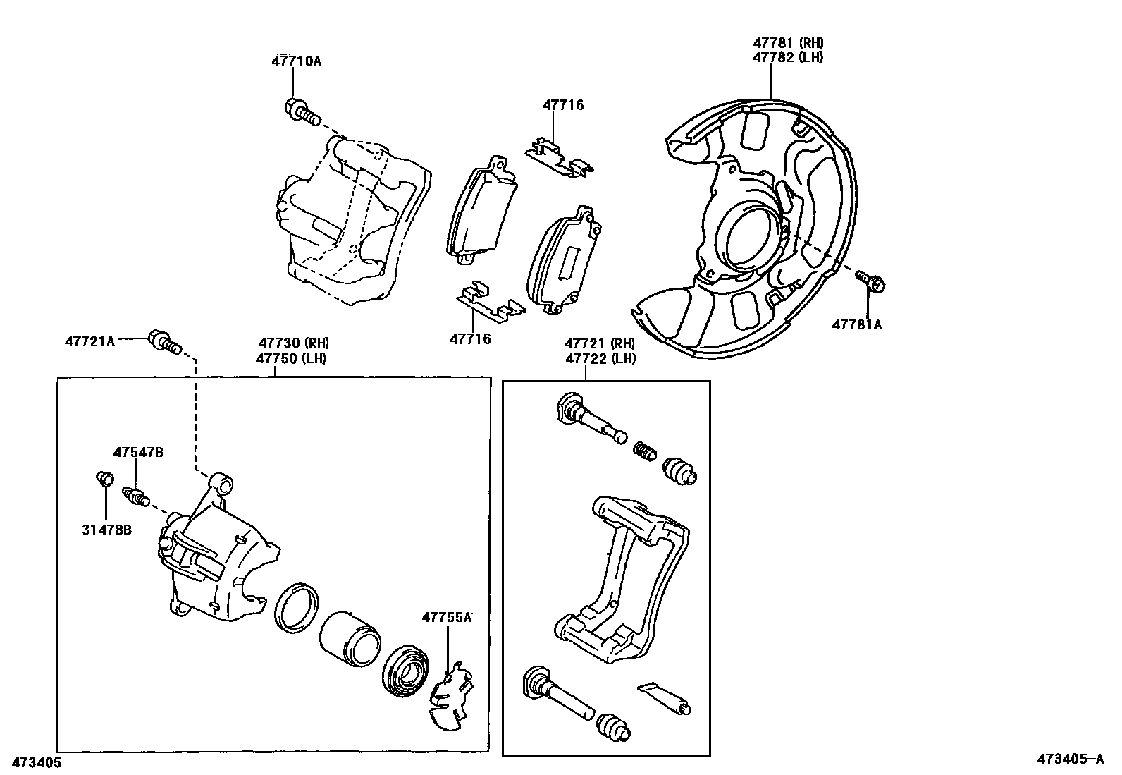 Toyota COROLLA 前盘式制动器卡钳和防尘罩 EPC diagram — 473405A