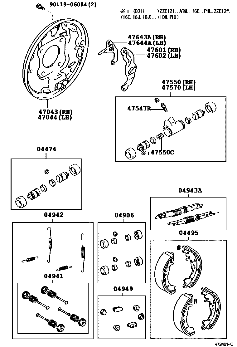 Toyota COROLLA 后鼓式制动器分泵和底板 EPC diagram — 472461C