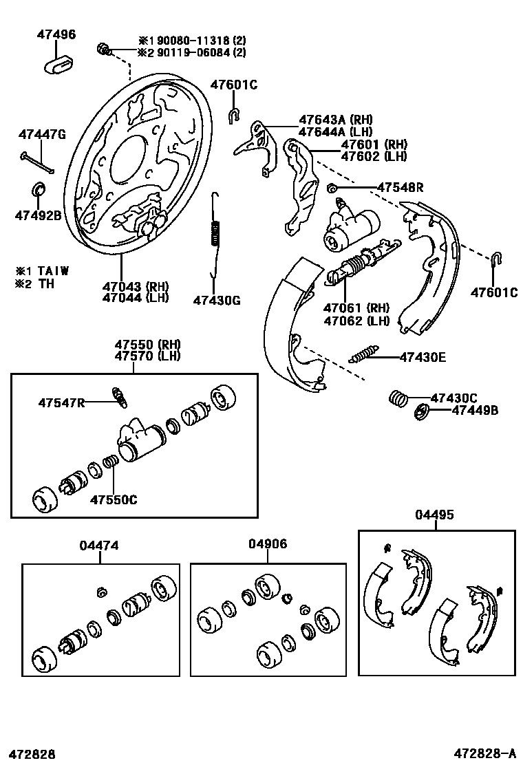Toyota COROLLA 后鼓式制动器分泵和底板 EPC diagram — 472828A