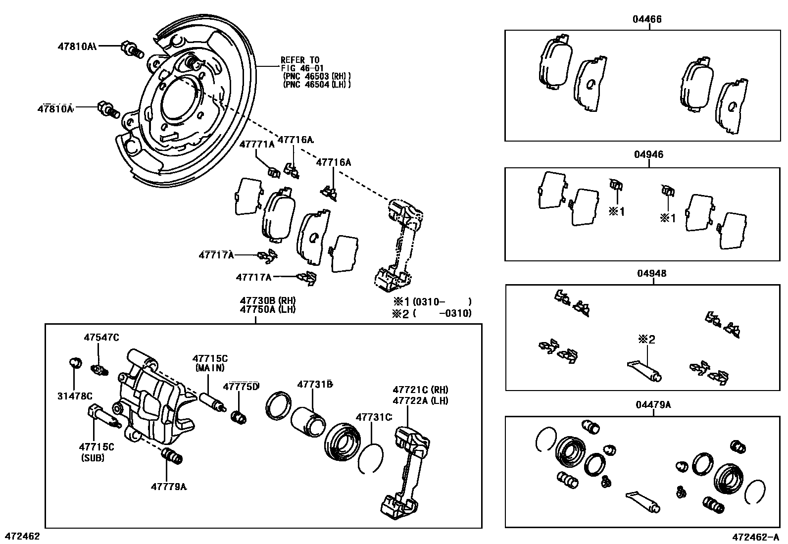 Toyota COROLLA 后盘式制动器卡钳和防尘罩 EPC diagram — 472462A