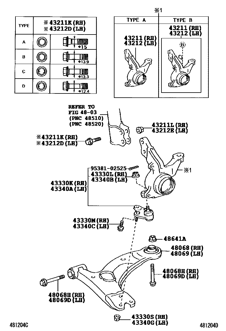 Toyota COROLLA 前桥控制臂和转向节 EPC diagram — 481204D