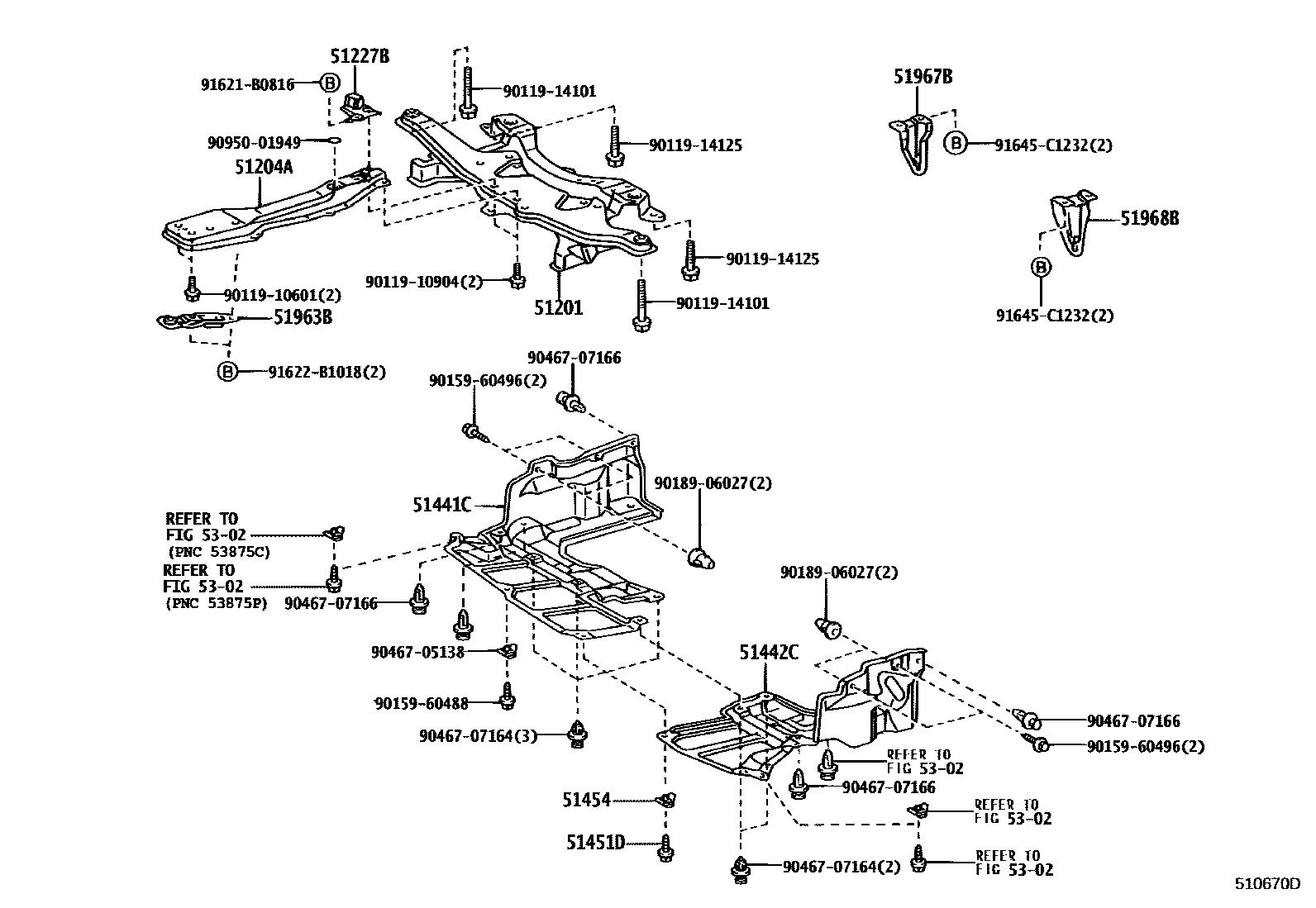 Toyota COROLLA 悬架横梁和发动机底罩 EPC diagram — 510670D