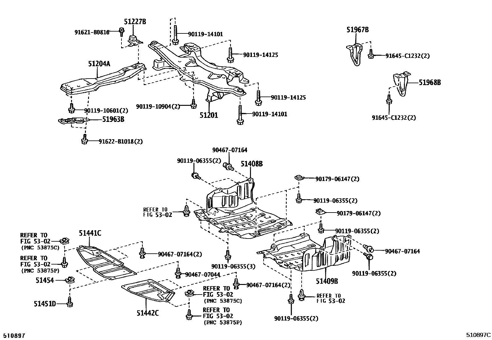 Toyota COROLLA 悬架横梁和发动机底罩 EPC diagram — 510897C