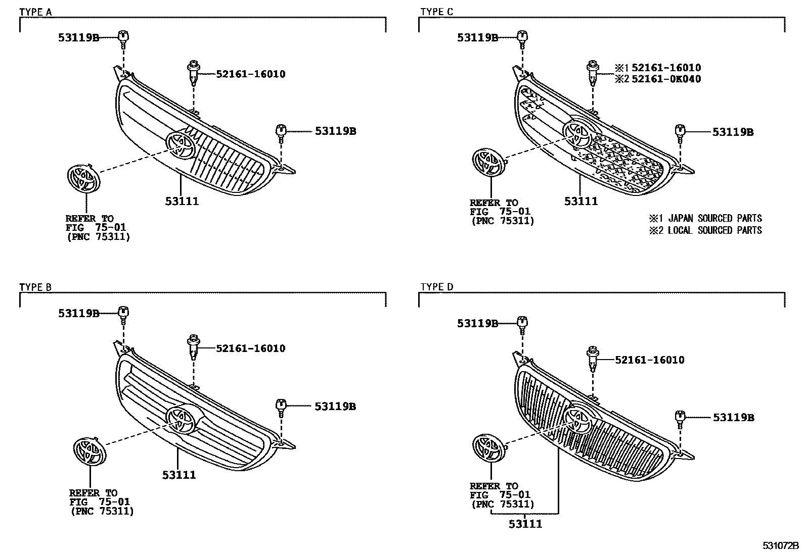 Toyota COROLLA radiator grille EPC diagram — 531072B
