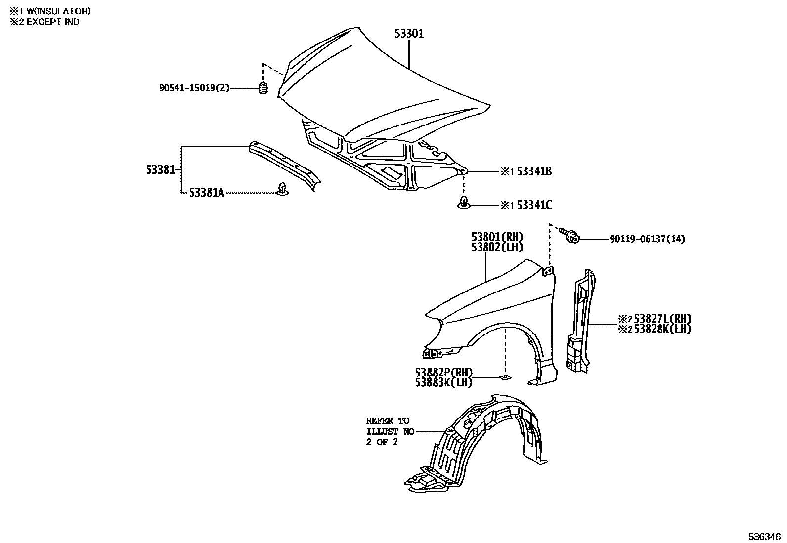 Toyota COROLLA 发动机盖和前翼子板 EPC diagram — 536346