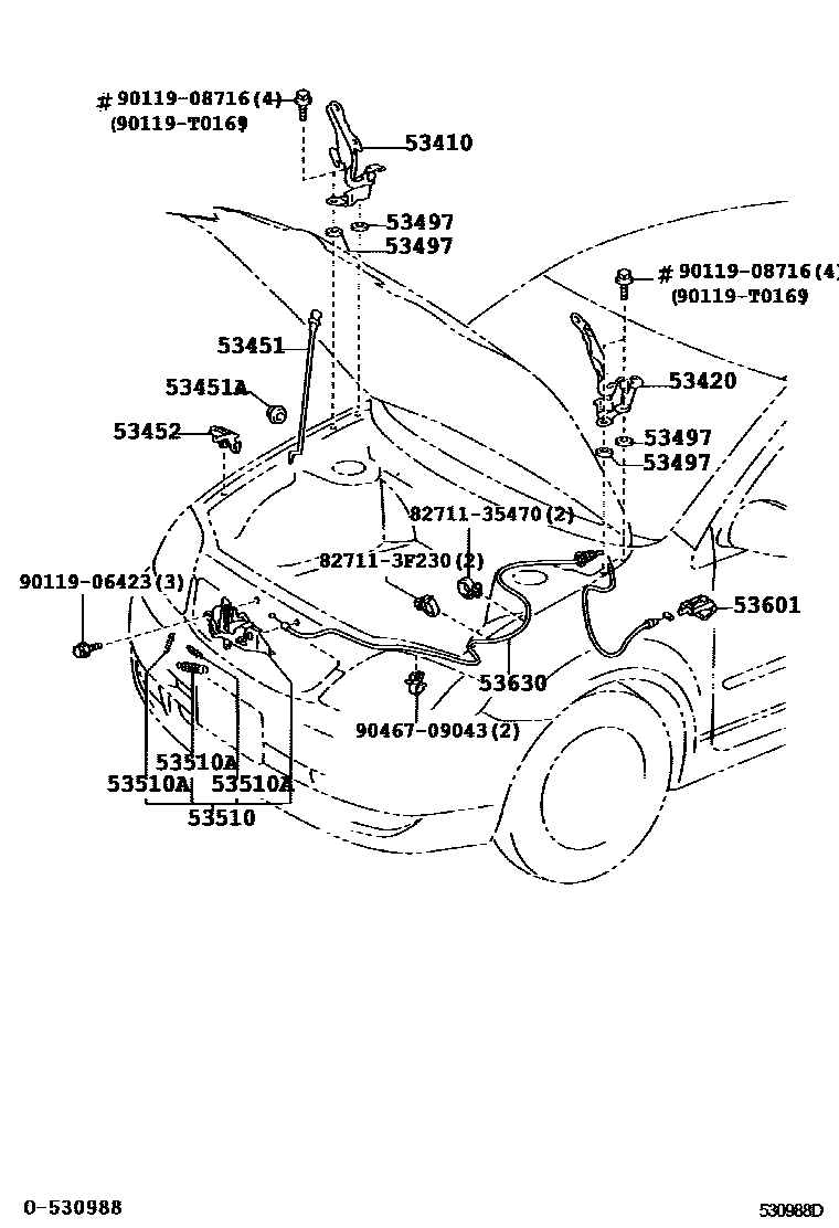 Toyota COROLLA 发动机盖锁和铰链 EPC diagram — 530988D