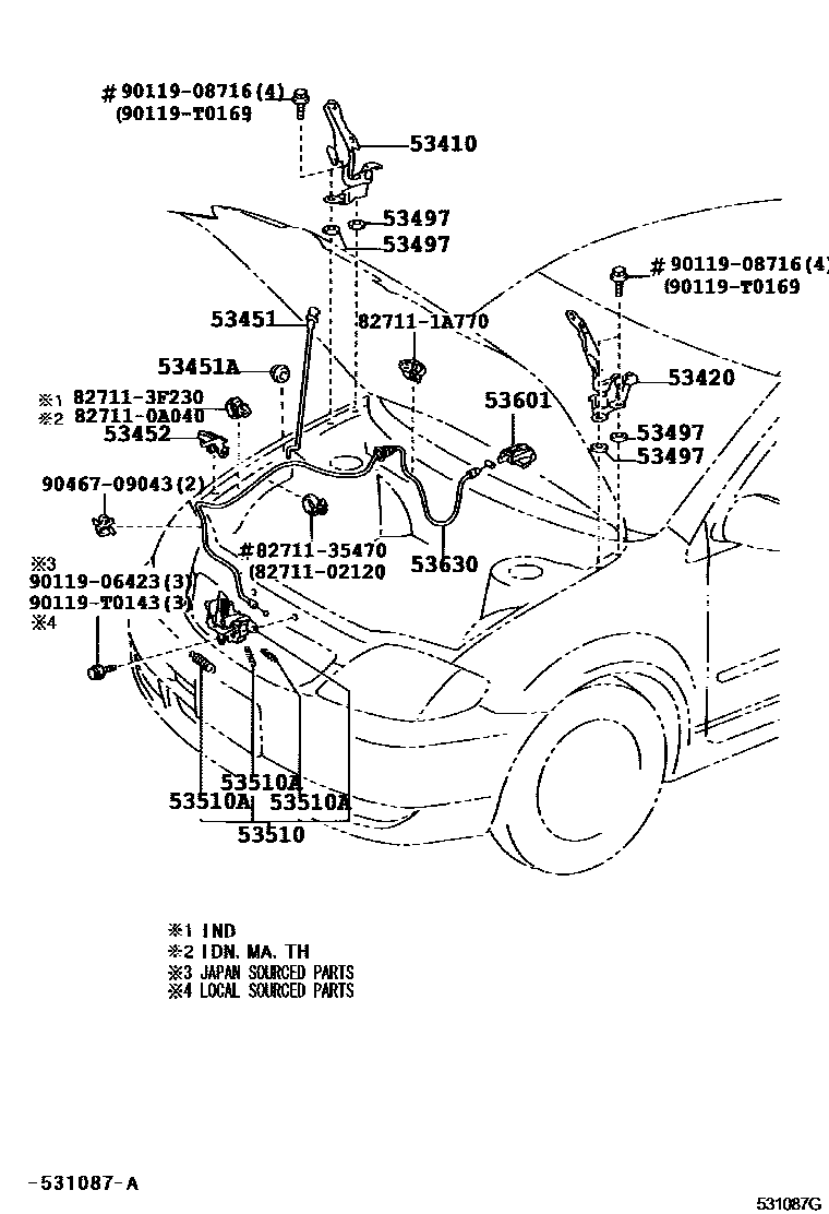 Toyota COROLLA 发动机盖锁和铰链 EPC diagram — 531087G