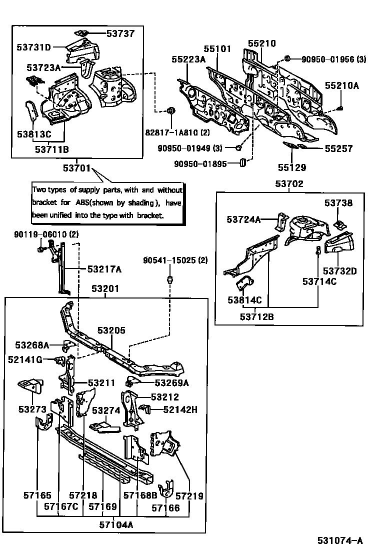 Toyota COROLLA 前翼子板挡泥板和前围板 EPC diagram — 531074A