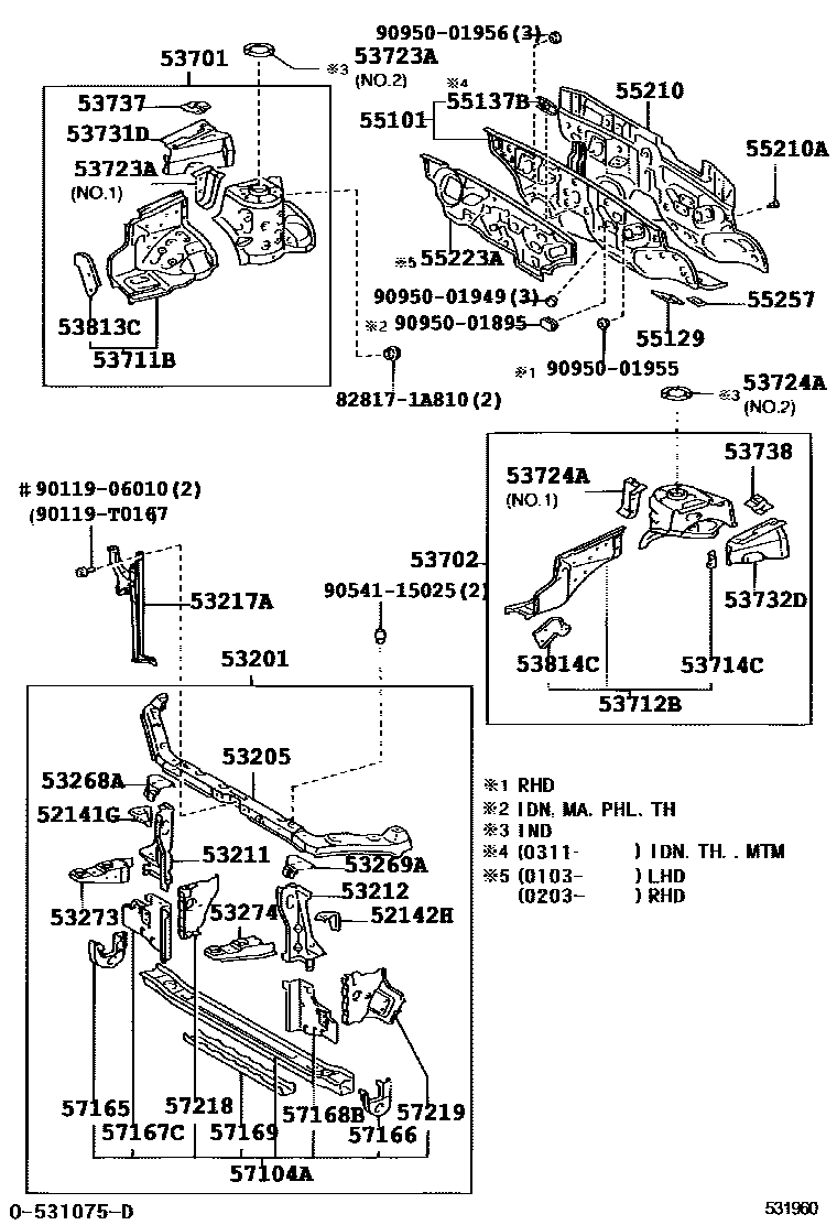 Toyota COROLLA 前翼子板挡泥板和前围板 EPC diagram — 531960