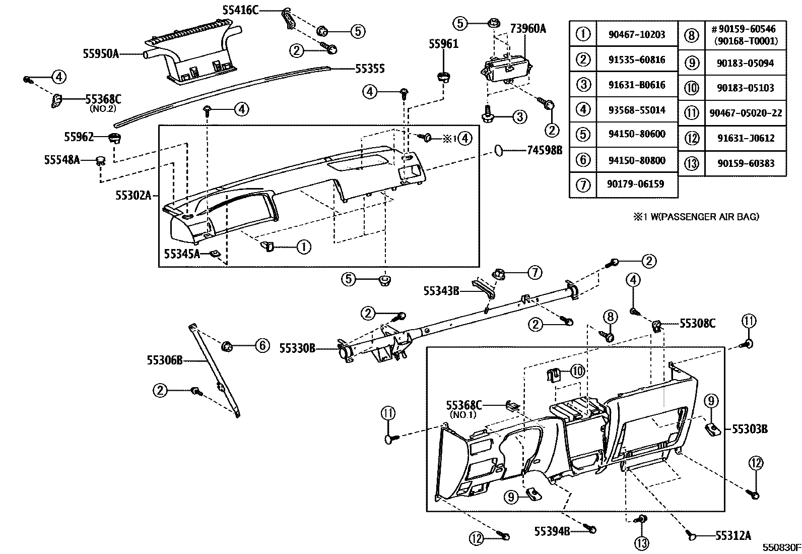 Toyota COROLLA 仪表板和手套箱 EPC diagram — 550830F