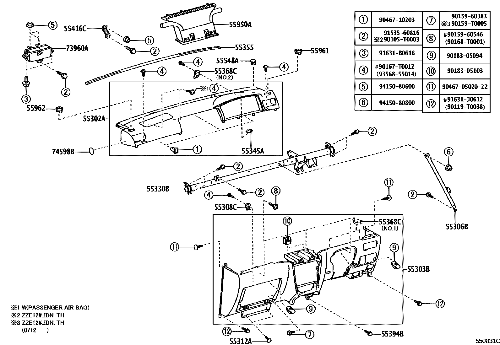 Toyota COROLLA 仪表板和手套箱 EPC diagram — 550831G
