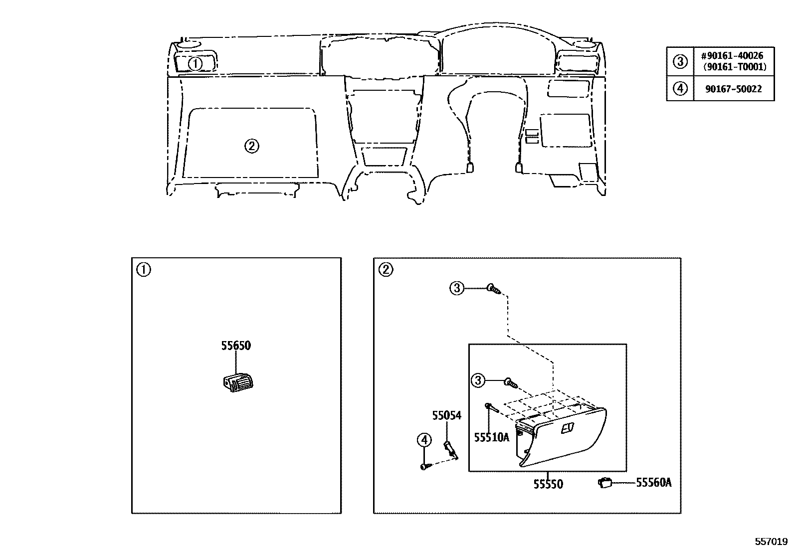 Toyota COROLLA 仪表板和手套箱 EPC diagram — 557019