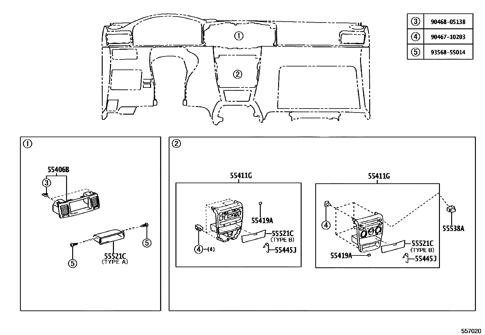 Toyota COROLLA 仪表板和手套箱 EPC diagram — 557020