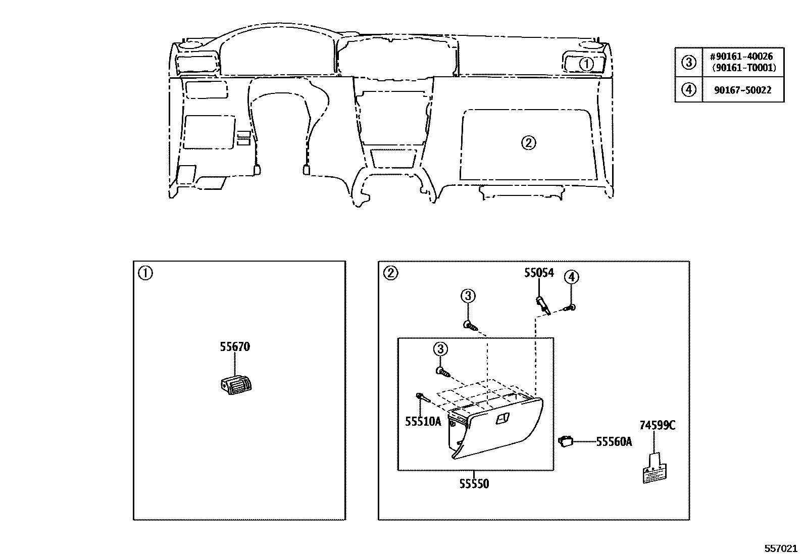 Toyota COROLLA 仪表板和手套箱 EPC diagram — 557021