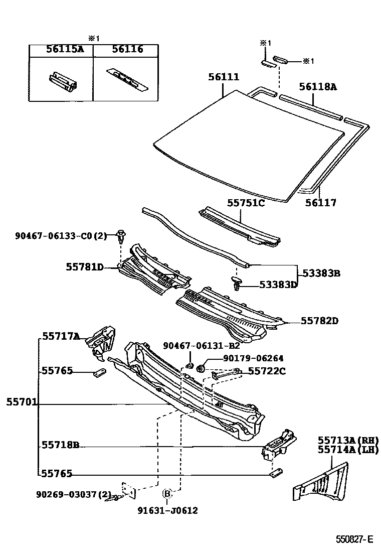 Toyota COROLLA 前围板和挡风玻璃 EPC diagram — 550827E