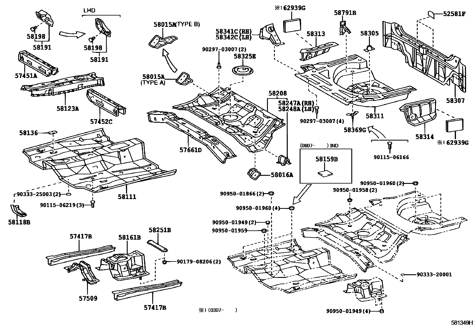 Toyota COROLLA 浅盘形地板和车身下背板 EPC diagram — 581349H