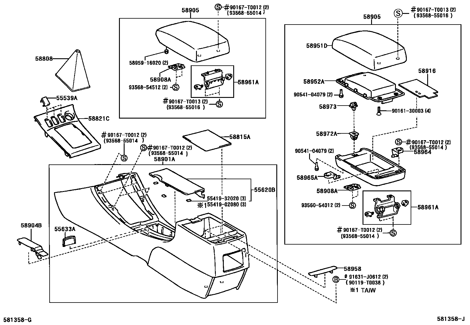 Toyota COROLLA 中央扶手箱和支架 EPC diagram — 581358J