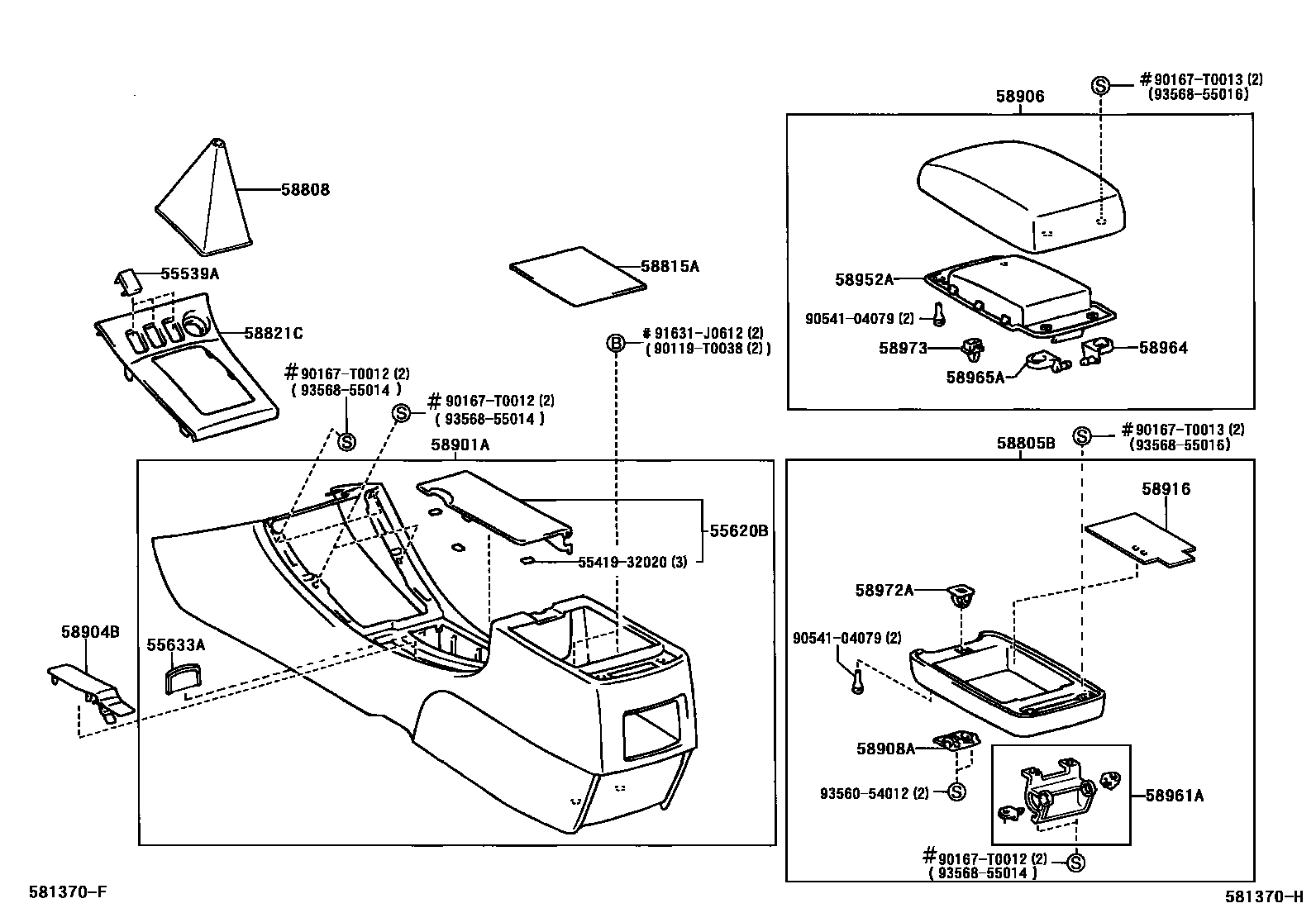 Toyota COROLLA 中央扶手箱和支架 EPC diagram — 581370H