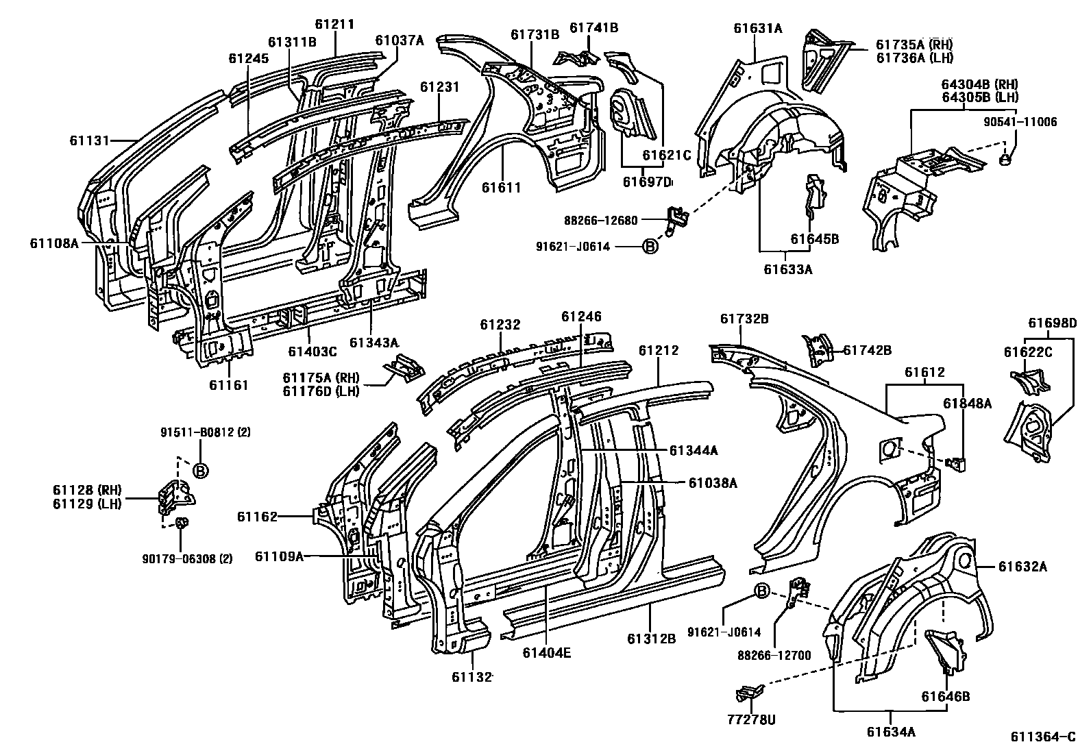 Toyota COROLLA 侧梁 EPC diagram — 611364C
