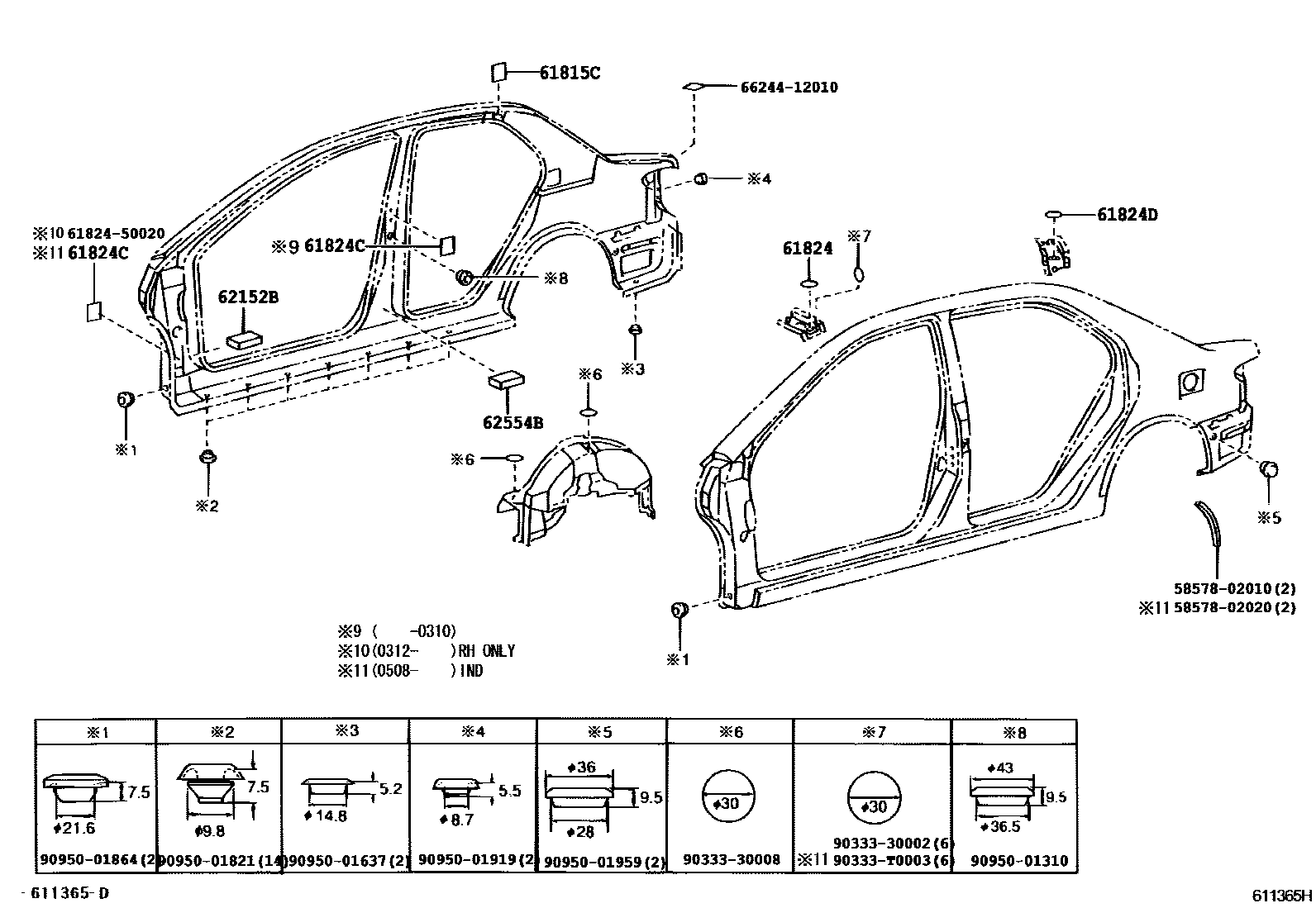 Toyota COROLLA 侧梁 EPC diagram — 611365H