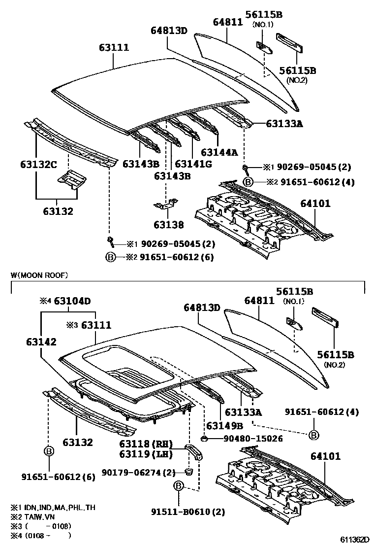 Toyota COROLLA 天窗板和背窗玻璃 EPC diagram — 611362D
