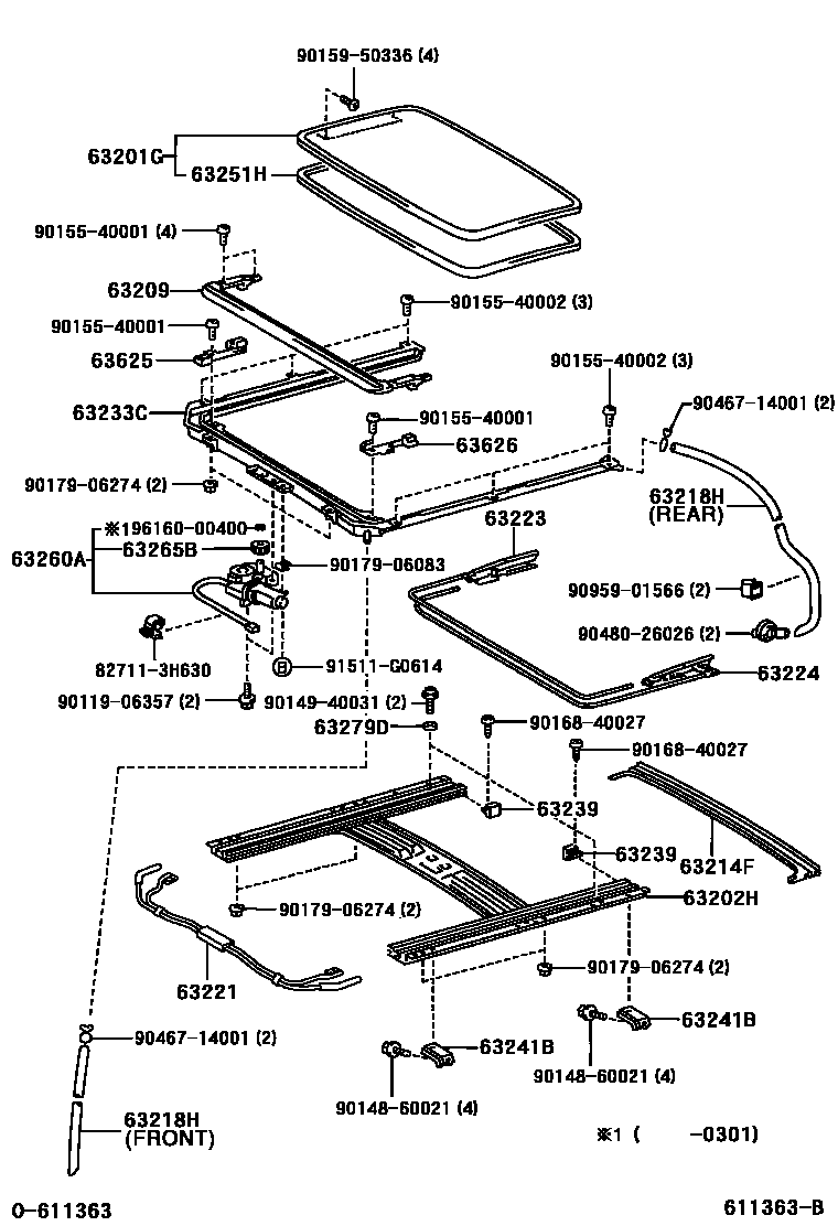 Toyota COROLLA 天窗板和背窗玻璃 EPC diagram — 611363B