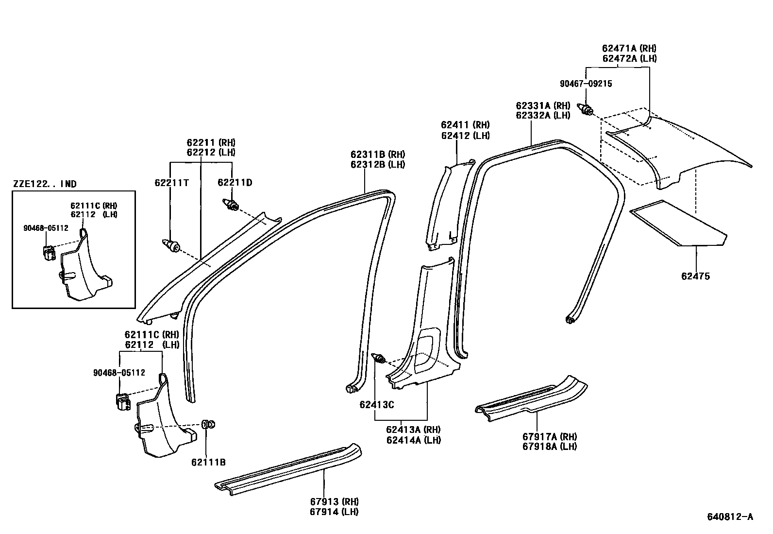 Toyota COROLLA 内饰板和车门防水胶条 EPC diagram — 640812A